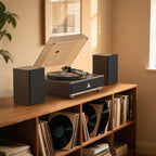 Vinyl Record Player Built in HiFi Stereo Speakers BT Wireless Input Belt Drive Iron Platter Turntables for Vinyls Records with MM Audio AT-3600L Cartridge Soft Warm Light Design Wooden Cream Brown