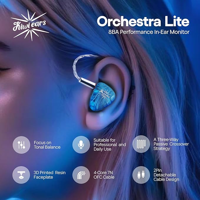 Linsoul Kiwi Ears Orchestra Lite Performance Custom 8BA in-Ear Monitor IEM with Detachable 4-core 7N Oxygen-Free Copper OFC Cable, Handcrafts Faceplate for Audiophile Studio Musician (Blue)