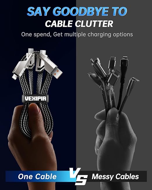 [Upgraded] Vexipia 4-in-1 Long USB C Cable 60W 10FT Lightning Cable Fast Charging Flat Nylon Braided for iPhone iPad Charger Cord[480Mbps Data Sync] Multi Charge Combo with Lightning/Type C/USB A Port