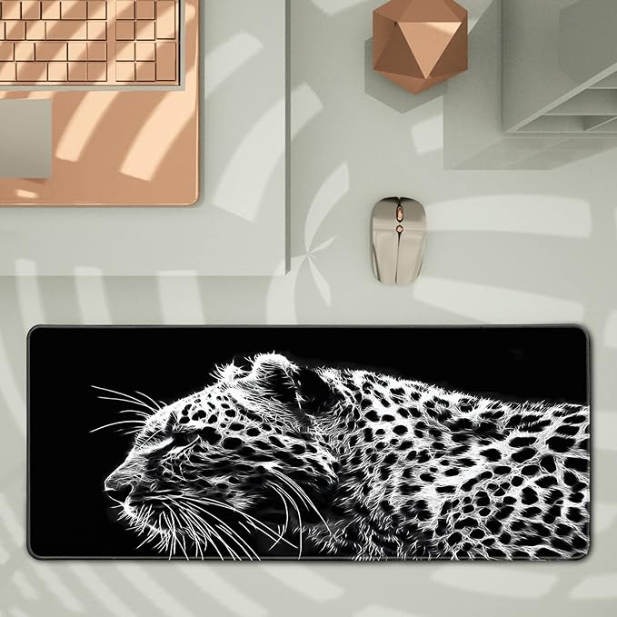 Black and White Gaming Mouse Pad 31.5 x 11.8 Inch Extended Large Mouse Pad with Non-Slip Base and Stitched Edges for Gamer Home Office, Black Leopard