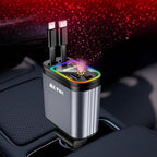 MLVOC Starlight Retractable 66W USB C Car Charger, 4-in-1 Fast Charging Adapter with Dual USB Ports, PD & QC 3.0 for iPhone, Samsung, Android (Black)