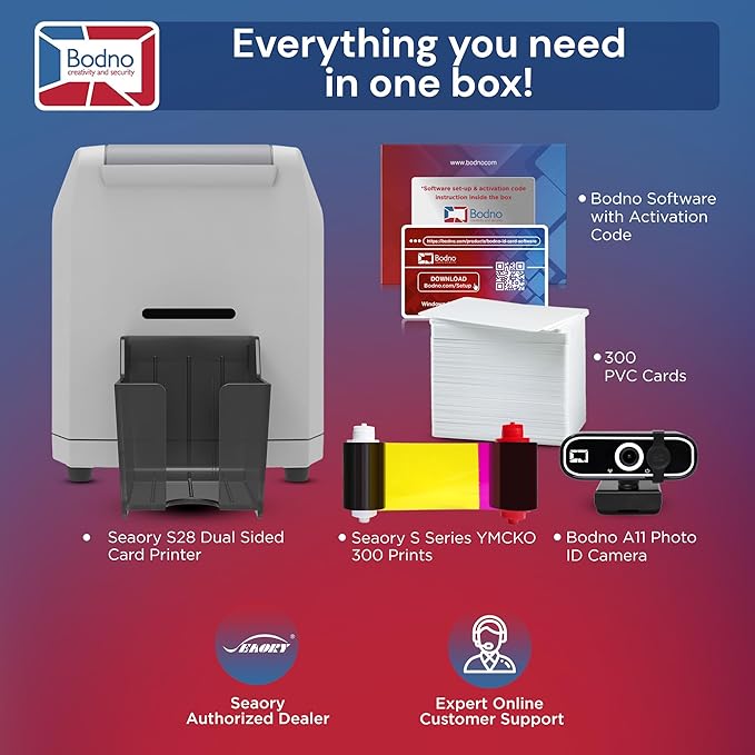 Bodno Seaory S28 Dual Sided ID Card Printer & Complete Supplies Package ID Software and Camera - Gold Edition