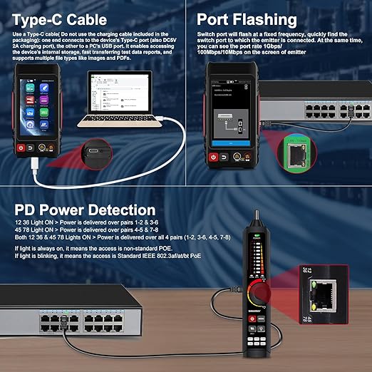 Rechargeable Network Cable Tester, WANLUTECH Tone Generator with Probe Support Digital Multimeter Optical Power Meter Visual Fault Locator Network Test PoE Test Cable Continuity Testing (LT-600M)