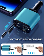 Retractable Car Phone Charger, 4 in 1 Fast Charge Car Phone Charger with 2 Retractable Cables(2.6ft) and 2 USB Ports, Compatible with iPhone15/14/15 Pro Max,Samsung (Light Blue)