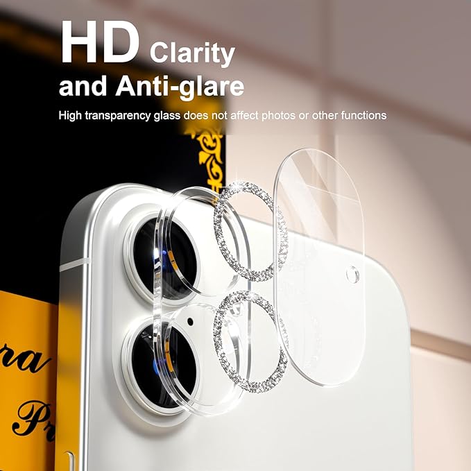 beuxece for 6 Pack iPhone 16 / iPhone 16 Plus Camera Lens Protector [Drop Protection] [Case Friendly] [Easy Installation] 9H Tempered Glass Camera Screen Protector Cover Accessories, Glitter Silver