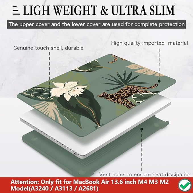 CISSOOK for MacBook Air 13.6 Inch Case 2024 2025 Model A3240 A3113 A2681, Panther Leopard Midnight Green Cover with Keyboard Cover for MacBook Air 13.6 M2 M3 M4 - Leopard