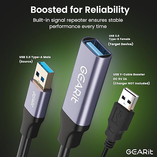 GEARit USB 3.0 Active Extension Cable (50 Feet) A-Male to A-Female USB Repeater with Signal Booster for Oculus Rift, Quest Link, Xbox 360 Kinect, PlayStation, Printer, Webcam - 50ft