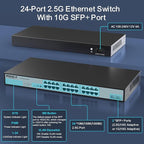 SODOLA 24 Port 2.5Gb Umanaged Switch,24X2.5G Base-T Ports,2X10G SFP, 160Gbps Switching Capacity,Port Isolation,/IU Rack-Mount/Fanless/Plug & Play Multi-Gig Unmanaged Ethernet Switch
