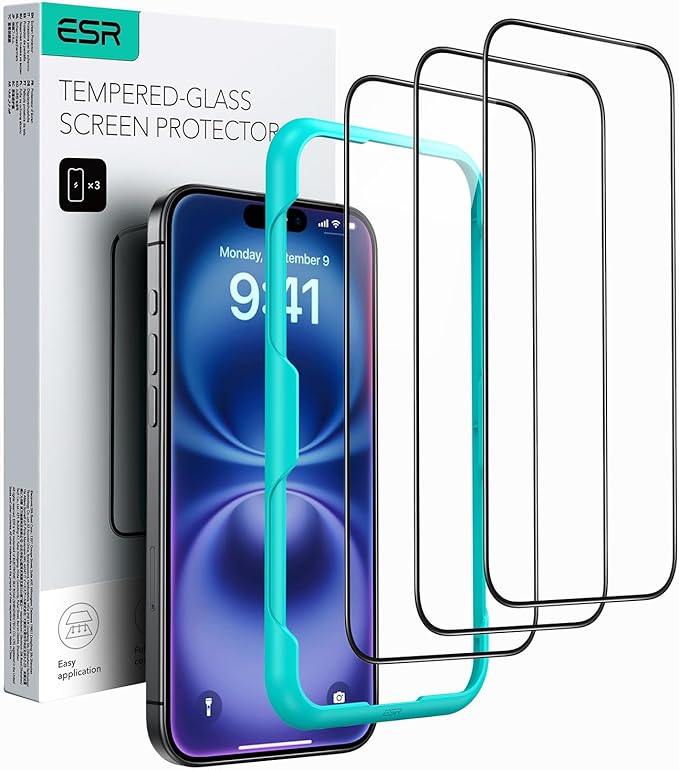 ESR 3 Pack for iPhone 16 / iPhone 15 Screen Protector, [9H Hardness] [Military Grade Shatterproof] Full Coverage Tempered Glass Film with Easy Installation Tool, HD Clear, Scratch Resistant
