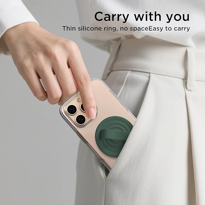Magnetic Phone Ring Grip Holder, Silicone Finger Loop Grip, Compatible with MasSafe, Back of Phone for iPhone Pro Max/Plus/16/15/15/14/13/12 Series, Alpine Green
