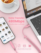 Coiled USB-C and Lightning Cable 2-in-1, 3FT Pink iPhone 15 16 Car Charger Cord, 60W Fast Charging Cable for iPhone 17, Samsung Galaxy, Cute Pink Car Accessories Supports Apple CarPlay & Android Auto