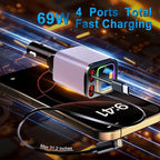 [2025 Mirco-Version] 4 in 1 Retractable Car Charger,69W Car Charger USB C,Cigarette Lighter Adapter,Fast Charging for iPhone 16e/16/15/14,13,Android (Pink, for Lightning+USB-C)