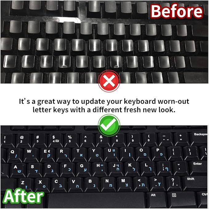2PCS Hebrew English Keyboard Stickers Black Background with Blue Letters Replacement Stickers for PC Computer Laptop Notebook Desktop Keyboards -Each Unit: 0.43" x 0.51"