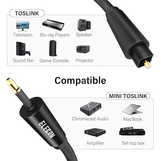 Elecan Mini Toslink to Toslink Digital Optical S/PDIF Audio Cable 8 Ft, Gold Plated Soft Flexible Fiber Optic Cable,Signal Protection PVC,Surround Sound for Soundbar,Home Theater,Hi-Fi System+Ties MI