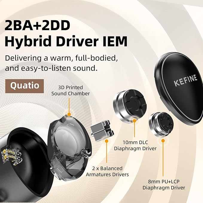 HiFiGo KEFINE Quatio in Ear Monitor, 2DD+2BA Hybrid IEMs with 3 Tuning Nozzles, in Ear Headphone with Detachable Cable for Musician Audiophile