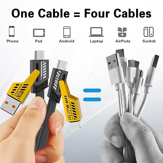 2Pack 4 in 1 Fast Charging Cable, Transferring Data, 6.65 Ft, Braided Cable 65W, USB C USB A and IP, Multiple Charging Cable for Phone/Pad/More
