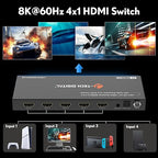 8K HDMI Switch 4 in 1 Out, 8K@60Hz 4K@120Hz 1080P@240Hz with Audio Extraction, HDMI to Optical & Analog 3.5mm, HDR HDCP2.3 EDID Control (JTECH-8KSW41AE)