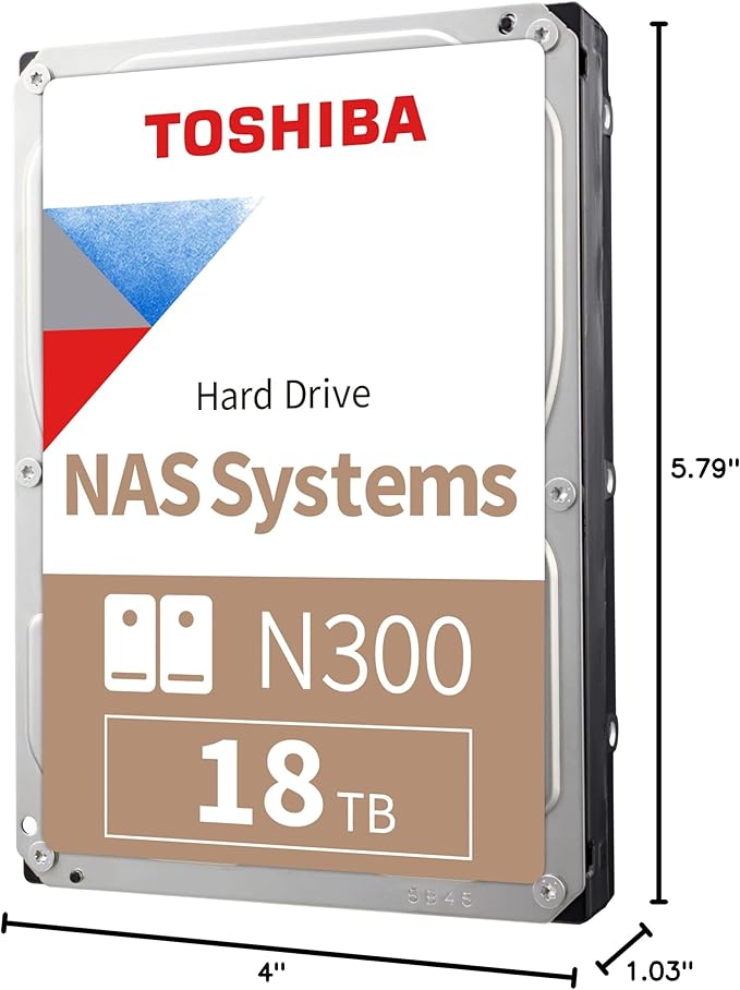 Toshiba N300 18TB NAS 3.5-Inch Internal Hard Drive - CMR SATA 6 Gb/s 7200 RPM 512 MB Cache - HDWG51JXZSTA