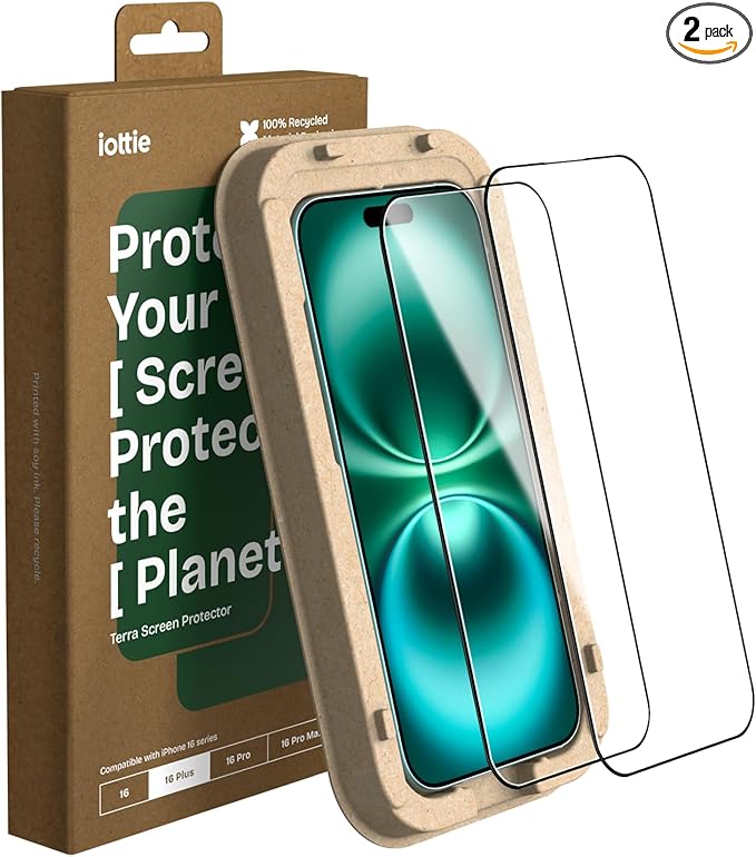 iOttie Terra iPhone 16 Plus Tempered Glass Screen Protector Military Grade 9H Hardness Shatterproof Scratch Resistant, Edge to Edge Protection Easy Bubble Free Install, 2 Pack