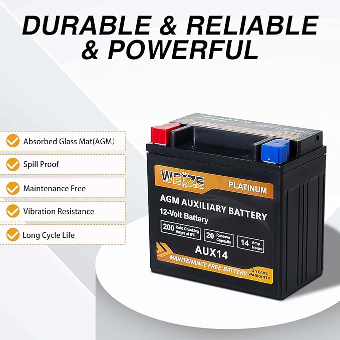 Weize AUX14 AGM Auxiliary Battery, 36 Months Warranty, 200CCA, BCI Group 400 Battery