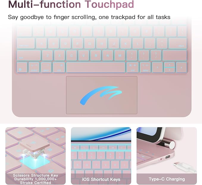for iPad Air 13 inch Case with Keyboard (M3,2025 / M2,2024), iPad Pro 12.9 (6th/5th/4th/3rd Gen) Magic Keyboard, Springy Backlit Keys, Stain-Resistant Surface, Multi-Touch Trackpad, Pink