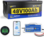 48V Lithium Battery Golf Cart Built-in BMS 200A Bluetooth, 48 Volt 100Ah Lithium Battery for Golf Cart with 15A Charger, Vibration-Resistant Structure, 10 Years Lifespan Deep Cycle 15000+