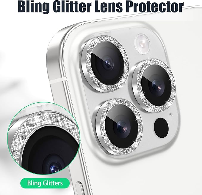 AGVEE 3+3 6 Pack for iPhone 16 Pro 6.3" / 16 Pro Max 6.9" Camera Lens Cover Protector, Bling Glitter & CD-Textured Metal Ring 9H Tempered HD Glass Camera Cover Protector Film, Glitter-Silver