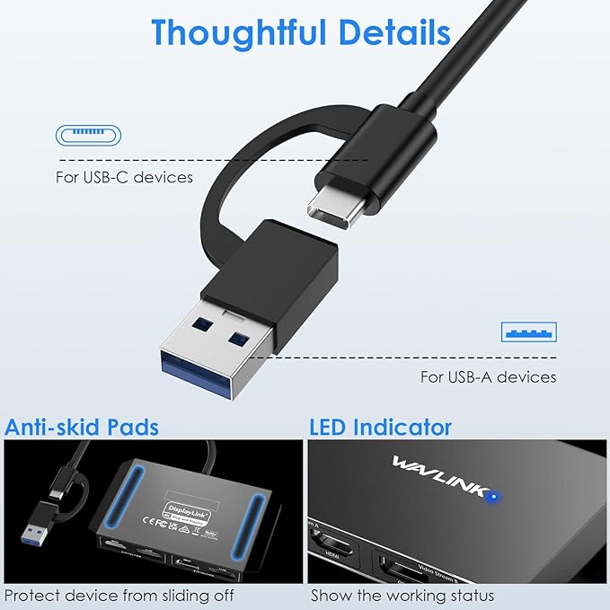 WAVLINK USB C and USB 3.0 to Dual 4K DisplayPort/HDMI Adapter, Displaylink Monitor Splitter Extended Display for Dual Monitor 4K@60Hz, HDMI/DP Splitter Compatible with Mac M1-M4,Window Laptop-Black