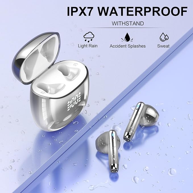 Wireless Earbuds, Bluetooth Headphones 48H Playtime Ear Buds with LED Power Display, IPX7 Waterproof Bluetooth 5.4 Earphones in-Ear Earbuds with 4 Mic for Android iOS Cell Phone Laptop, Silver