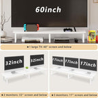 TEAMIX White Dual Monitor Riser for 2 Monitors-42inch, Wood Desktop Dual Stand with Metal Legs, Long Screen/PC/Laptop Storage,Computer Shelf TV Holder Home Office