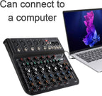 7 Channel mixer, DJ Mixer Board with Bluetooth and Usb, Audio Sound Card with Interface Recording and 48V Phantom Power, Sounds Mixer Board with FX Reverb Delay Effect for Streaming