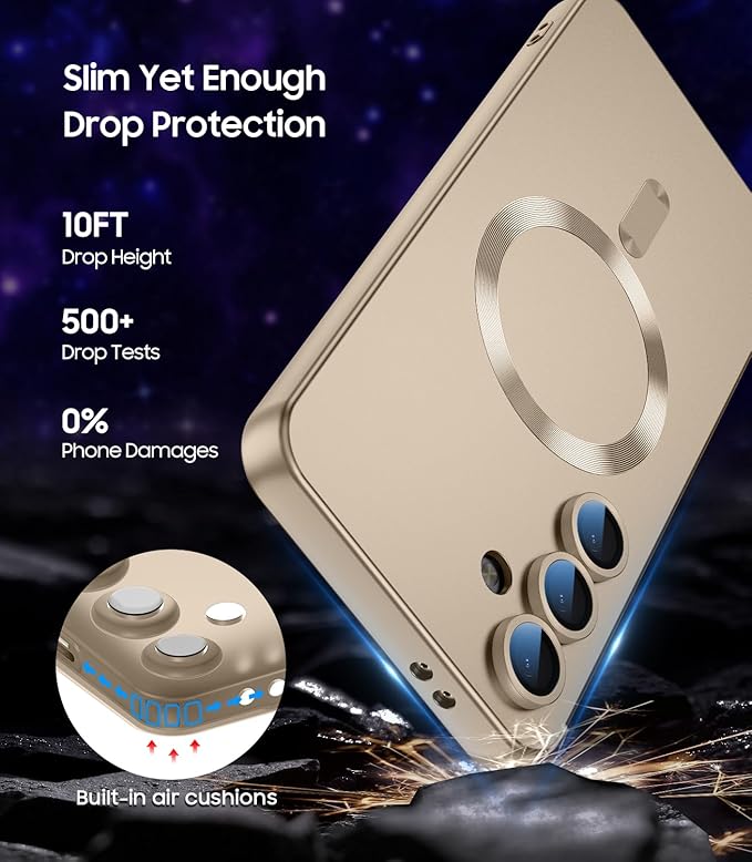 Magnetic for Samsung Galaxy S24 FE Case [Compatible with MagSafe][Built-in Camera Lens Protector] Slim Soft Silicone Bumper Shockproof Metallic Luster Phone Cover (Gold)