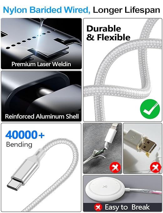 4-in-2 Multi Charging Cable for Apple Watch Charger/Samsung/iPhone Charger,Car/Office/Camping/Travel Essentials,Type C Cable Cord for iWatch Ultra/10-2/iPhone 16-11/Samsung S25-S20,iPad,airPods-White