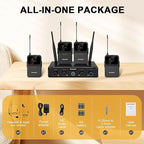 4-Channel Wireless Microphone System,UHF Compact Cordless Mic Set w/ 4x10 Frequencies, 200ft Range, 4 Bodypacks & Headset/Lapel Microphones for Singing, Church, Conference (MWM-41-4B)