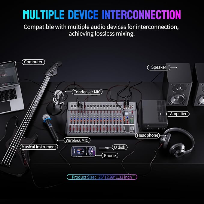 Professional DJ Audio Mixer,NEW BAXS 16 Channel DJ Bluetooth Controller Sound Mixer,USB Interface,16 XLR Mic/Line Input,AUX,FX Processor MP3 Player,+48V Phantom For Karaoke Studio Streaming Recording