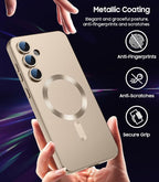 Magnetic for Samsung Galaxy S24 Case [Compatible with MagSafe][Built-in Camera Lens Protector] Slim Soft Silicone Bumper Shockproof Metallic Luster Phone Case (Gold)