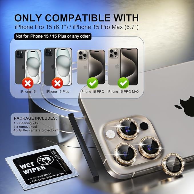 Choiche Compatible for iPhone 15 Pro/iPhone 15 Pro Max Camera Lens Protector Bling, 9H Tempered Glass Camera Cover Screen Protector Metal Ring Decoration Accessories (Glitter-Gold)