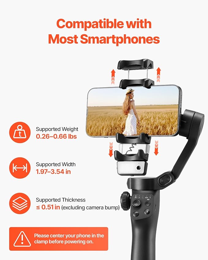 VEVOR Gimbal Stabilizer for Smartphone, 3-Axis Stabilization, AI-Powered Phone Gimbal for Android iPhone with Fill Light, Tripod, Auto Tracking, Portable Foldable Phone Stabilizer for Video Recording