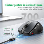 Bluetooth Mouse (BT5.0/3.0 & 2.4G) Rechargeable Wireless Mouse, 4800 DPI Optical Tracking, 6 Adjustable DPI, 2.4GHz with USB A Receiver, Quiet Clicks, Ergonomic Grips, 6 Buttons - Grey