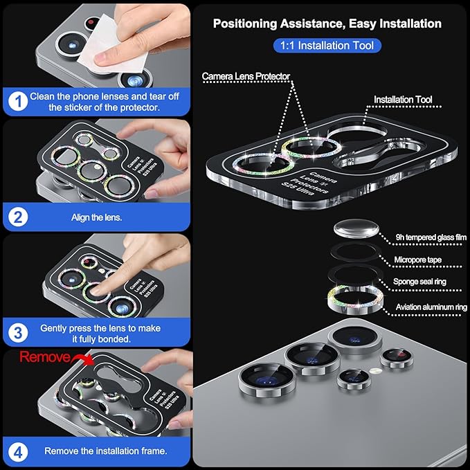 WSKEN for Samsung Galaxy S25 Ultra Camera Lens Protector - Ultra Thin Case Friendly, 9H Shatterproof Tempered Glass with Aluminum Metal Circle Camera Screen Protector Cover Accessories, Glitter Color