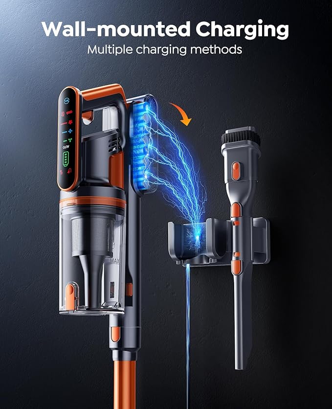 Fieety Cordless Vacuum Cleaner, 600W/50KPa/65Min Runtime Stick Vacuum with 3.3Ft Hose, Wall Mount Charging, Auto Mode, Touchscreen, Self-Standing Vacuum Cleaner for Home/Pet Hair/Carpet/Car, Fragrance