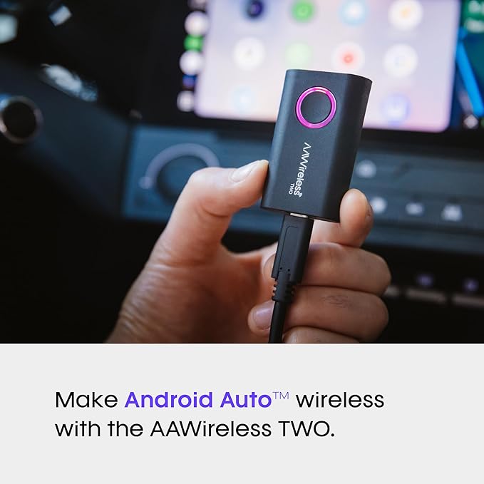 AAWireless Two - Android Auto Wireless Adapter - Convert Factory Wired Android Auto to Wireless - Multifunctional Button - Easy Plug and Play Setup - Seamlessly Connect Via Bluetooth - Made in Europe