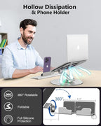Laptop Stand with Phone Holder, Adjustable Laptop Stand with 360 Rotating Base, Aluminum Computer Mount Holder, Ergonomics Laptop Riser for Desk, Fits MacBook, up to 17.3" All Notebooks Silver