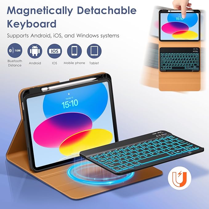 DTTO for iPad 11th (A16,2025)/ 10th Generation (10.9",2022) Case with Keyboard, 7 Colors Backlit Wireless Detachable Keyboard Premium Leather Folio Cover with Pencil Holder & Pocket, Navy Blue