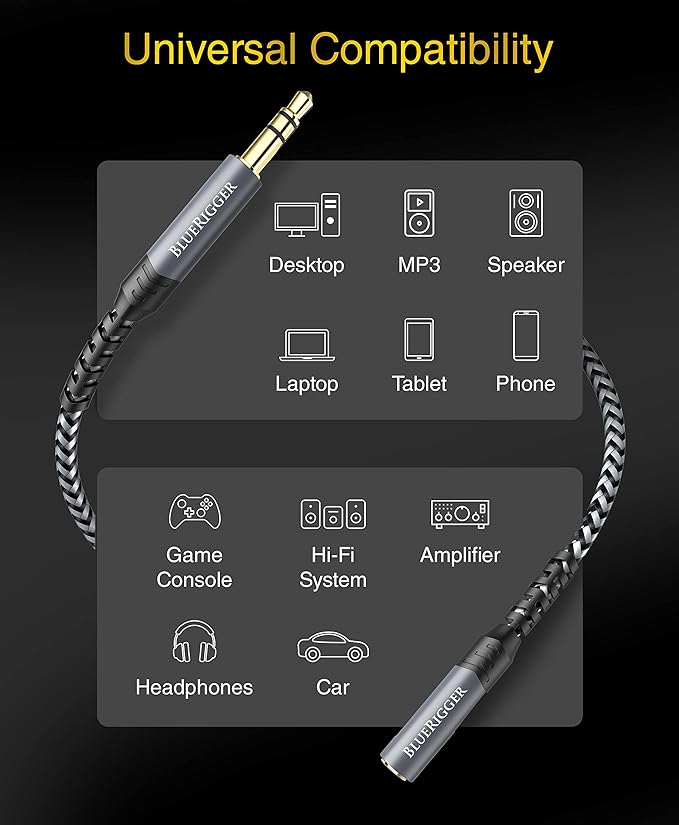 BlueRigger Headphone Extension Cable (3FT, 24K Gold Plated Jack, Hi-Fi Sound, 3.5mm Male to Female Stereo Audio Cable) – Aux Cord for iPod, Laptops, Smartphones, Speakers, Tablets, Home Car Stereo