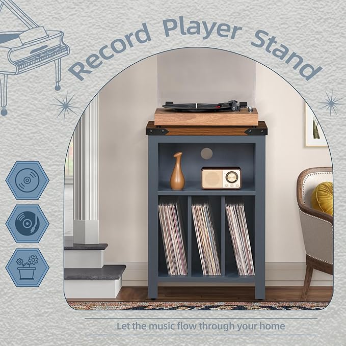 Record Player Stand with Vinyl Record Storage Holds up to 160 Albums,Large Wood Record Player Table Dispaly Shelf，Blue Turntable Stand Cabinet for Living Room,Bedroom,Office 9