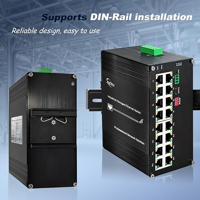 Industrial L2+ Managed 16 Port PoE Ethernet Switch, Gigabit Networking Switch with IPv4/IPv6 Management and DIP Switch, Supporting Din-Rail