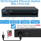8 Port Gigabit PoE Switch with 2 Gigabit Uplink, 1000Mbps, 802.3af/at, 120W Built-in Power, Vlan, Unmanaged Metal Plug and Play,Ideal for NVR and Power Over Ethernet IP Cameras