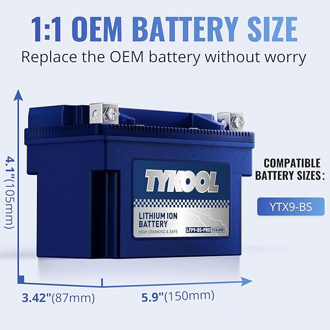 TYKOOL YTX9-BS-PRO,3X Cranking Amps,5X Life, Lithium LiFePO4 Motorcycle Battery,300 CCA,Powersports Battery,Fits for ATV,UTV,Scooter,Riding Lawn Mower,Honda eu3000is,400ex,Predator Generator