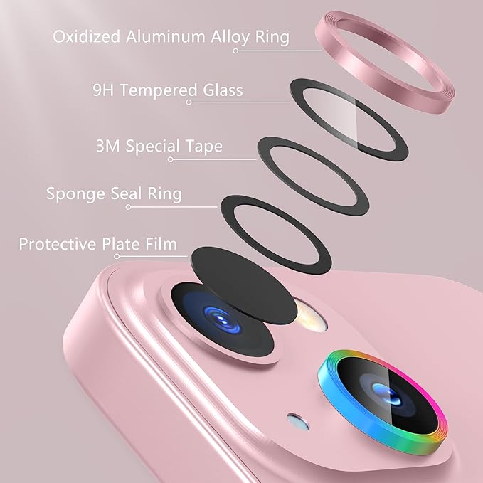 AGVEE 3+3 6 Pack for iPhone 15 6.1" / 15 Plus 6.7" Camera Lens Cover Protector, Metal Ring 9H Tempered HD Glass Camera Cover Protector Film, Pink